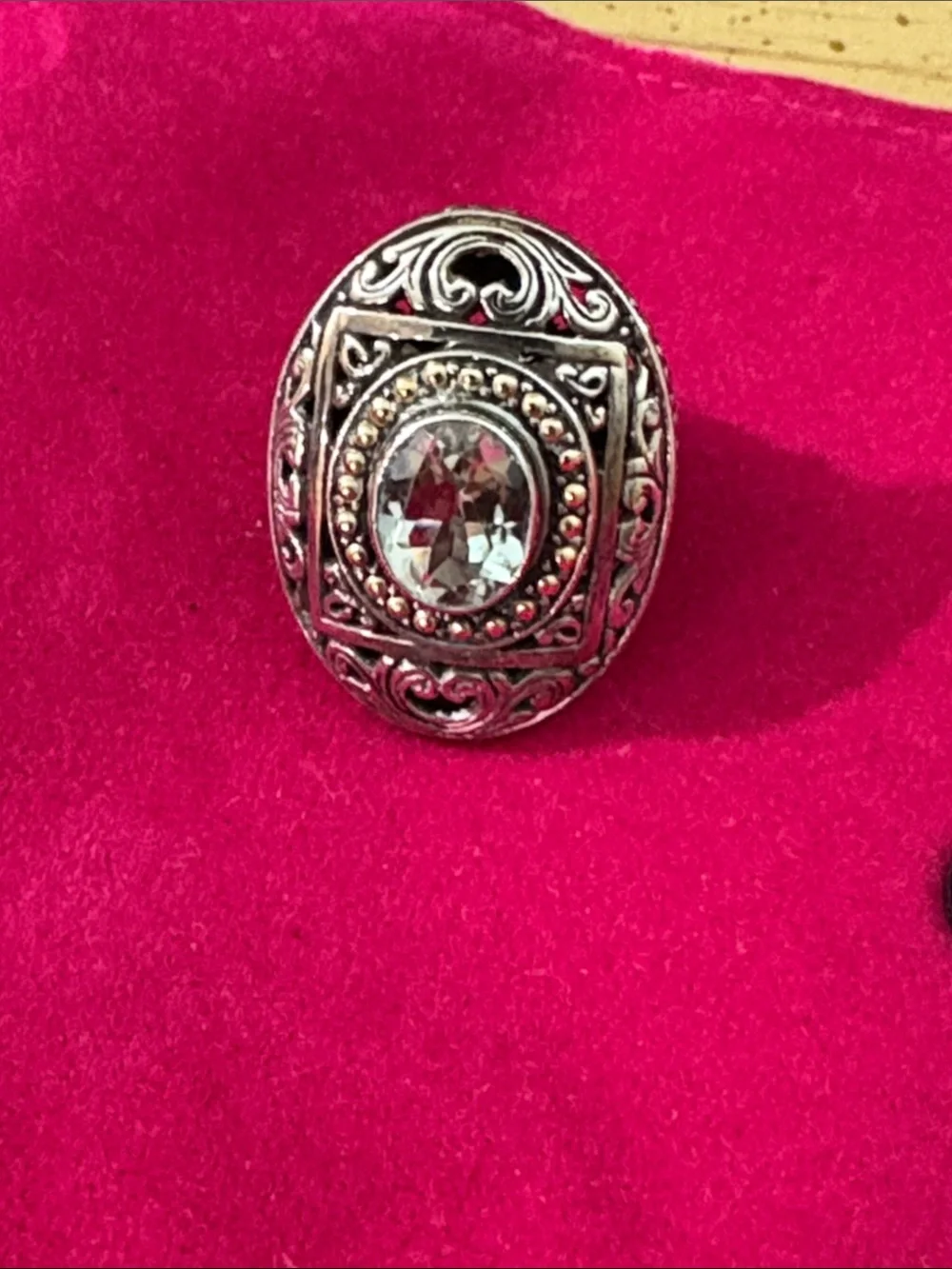 Phillip Gavriel Intricate Silver-Tone Filigree Ring with green Gemstone